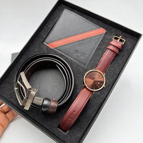 product_image_name-Generic-3 IN 1 Men's Watch, Double sided Belt  and Wallet  Gift Set - Brown-1