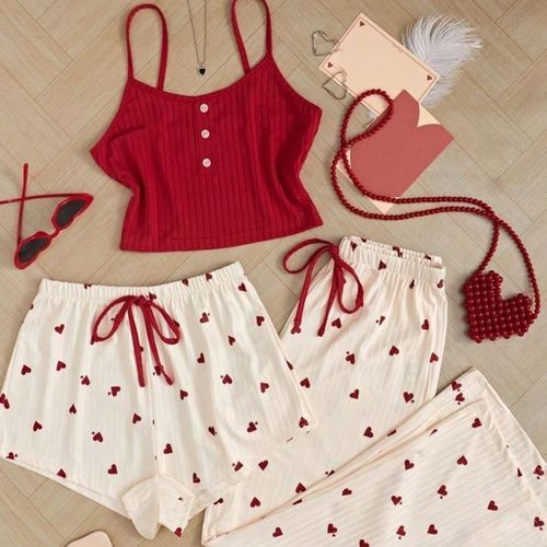 product_image_name-Generic-Sweetheart 3-Piece Ribbed Loungewear & Pajama Set/ladies clothes/night wear- Red/Cream-1