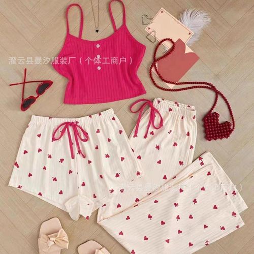 product_image_name-Generic-Sweetheart 3-Piece Ribbed Loungewear & Pajama Set/ladies clothes/night wear- Red/Cream-2