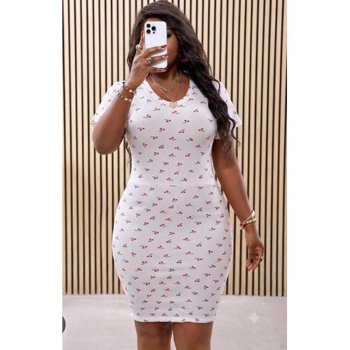 Fashion Charming Cherry Print Ribbed Bodycon Dress -