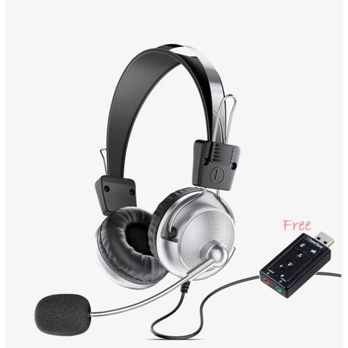 Generic Multimedia Gaming/ PC Headset with Mic + Free Soundcard- Silver/Black