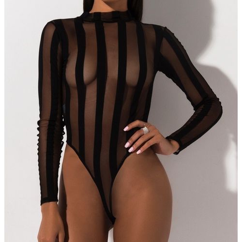 Women's Black Sheer Mesh Transparent Bodysuit