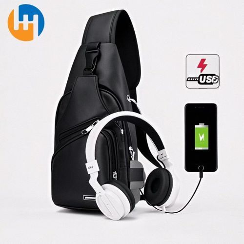 product_image_name-Fashion-Men's USB charging chest bag PU shoulder bag with headphone jack crossbody bag Black - Black-1