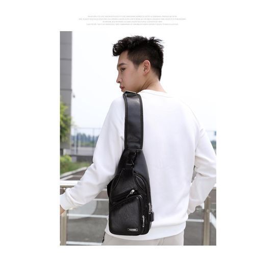product_image_name-Fashion-Men's USB charging chest bag PU shoulder bag with headphone jack crossbody bag Black - Black-4