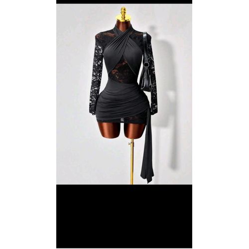 Shop Generic Black Lace Insert Long Sleeve Ruched Bodycon Mini Dress with  Draped Robe Online | Jumia Ghana