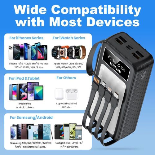 HENIN PB30000 27000mAh Portable Power Bank with LED Torch Light, Built-in 4 Cables, 7 Outputs LED Display for Android iPhone -Black - image 7