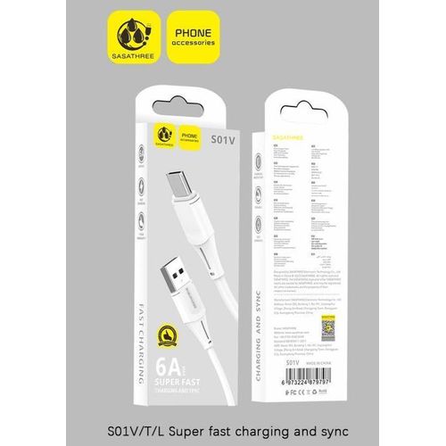 Generic SASATHREE S01V 6A Super Fast Charging & High-Speed Data Sync USB-A to Type-C Cable - White