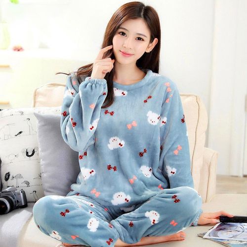 Shop Generic Spring Winter Anti Cold Keep Warm Women Coral Fleece Pajamas  Set of Sleepcoat & Lady Thermal Flannel Home Clothing Pajama set Online
