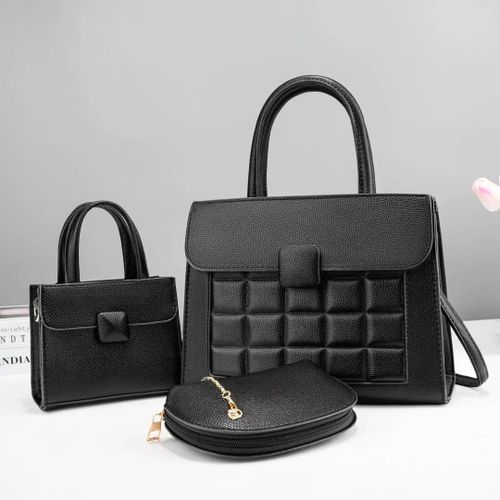 product_image_name-Genetic-3 PC of Woman Leather Handbag -Black-1