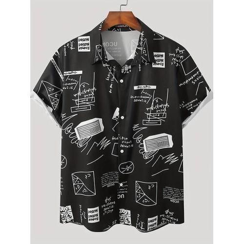 product_image_name-Berrykey-Men's Hawaiian Ink Print Bottom-down Beach Short Sleeve T-Shirt Casual Tops - Black - S-2