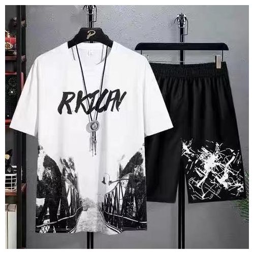 product_image_name-Generic-Men's 2-in-1 Short Sleeved T-shirt&Shorts Set - Black&White-1