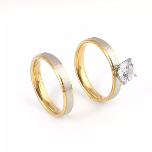 White Label 2 Set No Fade Stainless Steel Wedding/Engagement  Ring - Silver/Gold