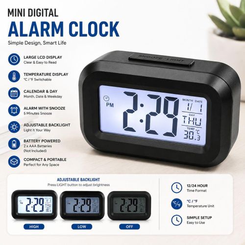 Generic Mini Digital Alarm Clock with Large LCD Display, Temperature, Calendar, Snooze & Adjustable Backlight for Bedside Desk