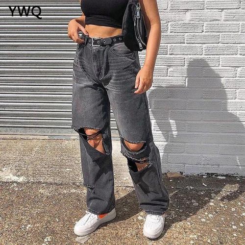 Shop 16 Jeans Ripped Women Jeans Wide Leg Long Cargo Pants Ladies Black  Boyfriend Online | Jumia Ghana