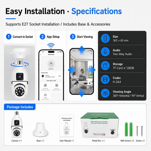 Generic Dual-Lens Bulb Smart Security Camera 360° Panoramic View with Infrared Night Vision & WiFi Connectivity - image 6