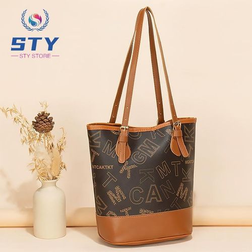 product_image_name-STY-Women Handbag Ladies Bucket Bag Brown PU Synthetic Leather Bags -Brown-1