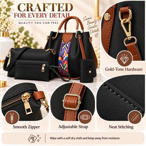 LM 4-Piece Women’s Handbag Set, Stylish Tote & Shoulder Bag with Pouch and Card Holder - Black - image 5