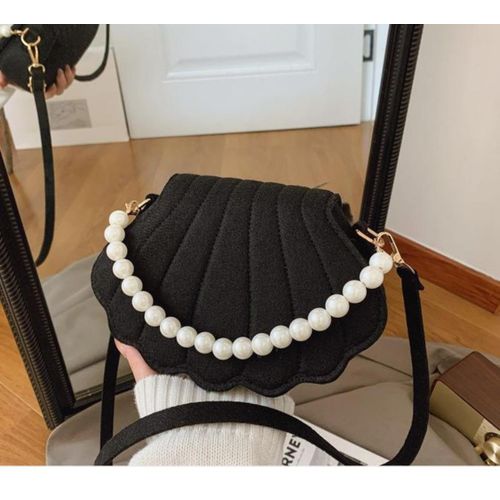 product_image_name-Generic-Luxury Shell-Shaped Velvet Crossbody Bag – Elegant Pearl Handle Evening Clutch for Women - Black-1