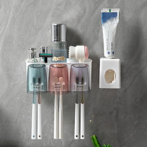product_image_name-Generic-Wall Mounted Toothbrush Holder with Cup Automatic Toothpaste Squeezer Dispenser Suction Cup Bathroom Storage Rack Box for Family-1