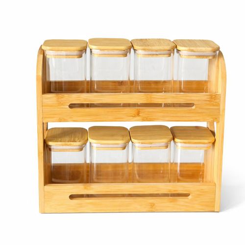 product_image_name-Generic-Bamboo Spice Storage Rack with Glass Jars – 8 Piece Kitchen Storage Set-1