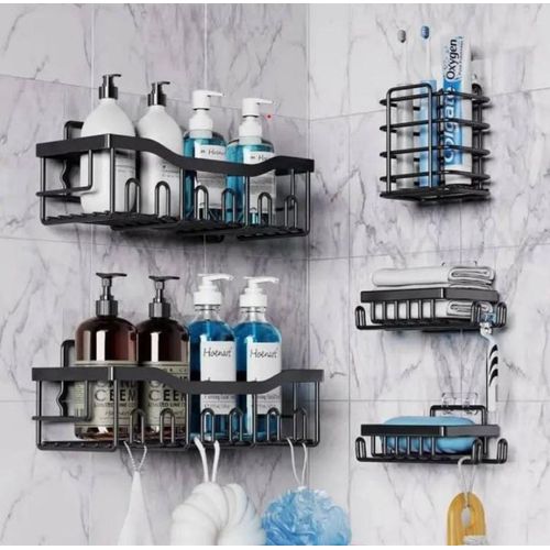 White Label 5 Set Adhesive Shower Caddy - Black