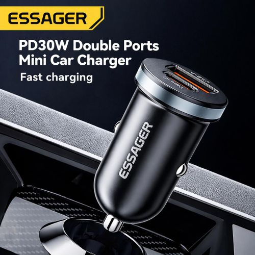 product_image_name-ESSAGER- PD 30W Mini Car Charger - USB-C PD + USB-A QC3.0 Dual Ports Fast Charging Adapter for iPhone, Samsung, Huawei - 12-24V-2