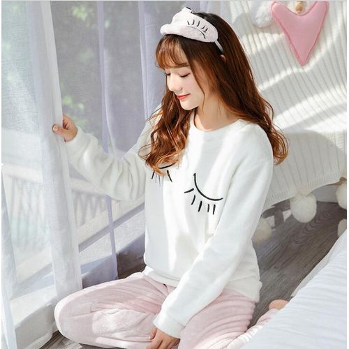 Shop Generic Cartoon pajamas set Women Thicken Coral fleece Sleepwear  Pijama Autumn Winter Korean sweet Home Pyjamas suit WHX02 Online