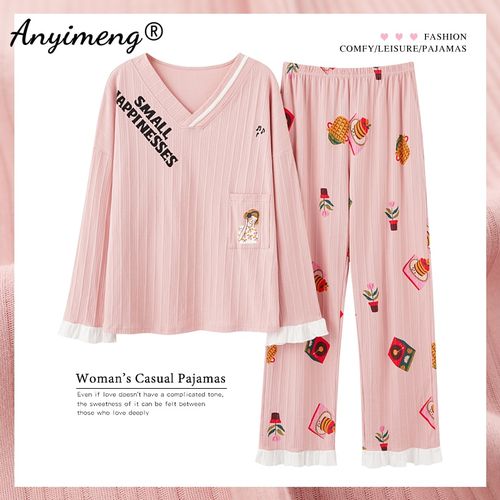 Cotton Long V-Neck Pajamas Set