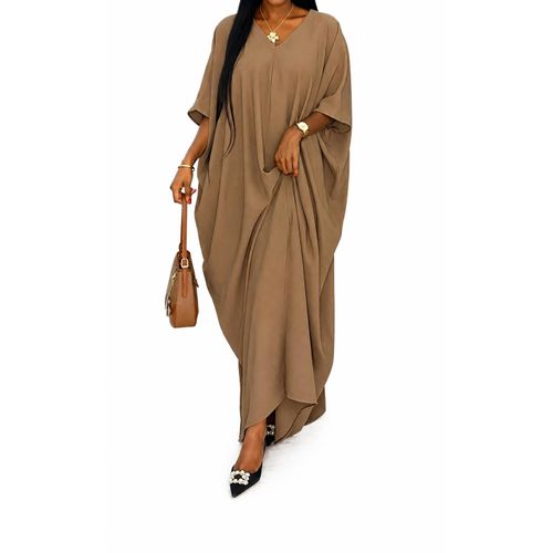 Gira Brown v neck lotus sleeve geometric pattern printed dress