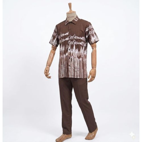 Fashion Men's 2-Piece Patterned Shirt And Trouser Set - Brown/White