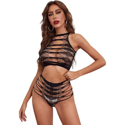 Fashion 2 Pcs Black See-through Mesh Seamless Bodysuit, One Size Fits All