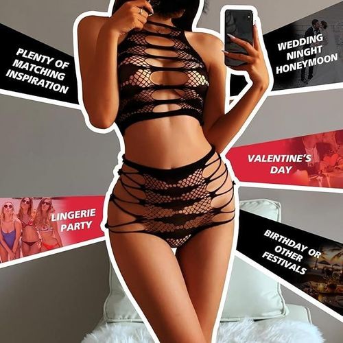 Fashion 2 Pcs Black See-through Mesh Seamless Bodysuit, One Size Fits All - image 7