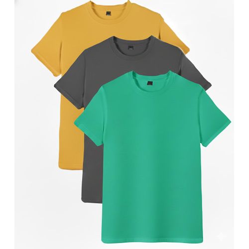 product_image_name-Generic-3PCS Unisex Round Neck Pure Cotton Short-Sleeved T-shirt - 3 Pieces - Yellow / Dark Grey / Turquoise Green-1