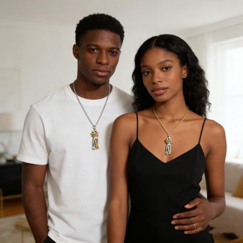 product_image_name-Fashion-2Pcs Gold & Silver Chain Hugging Couple Pendant Necklace Set-8