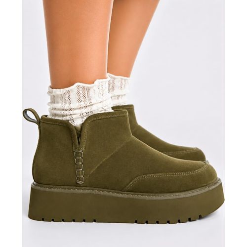Generic Lightweight Comfy Platform Suede Fluffy Fur Boot Shoe-Army Green
