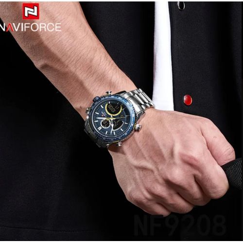 product_image_name-Naviforce-Premium New And in Box Men's Watch with Stainless Steel, Featuring Dual Display, Sporty Chronograph, Quartz Movement, Date Function, LED Light, And Luminous Elements for a Luxurious Look, Silver, Blue.-8