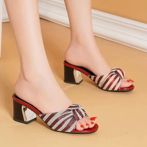 product_image_name-Generic-Women’s Mid Block Heel Slide Sandals – Red & White Striped Knot Design-1