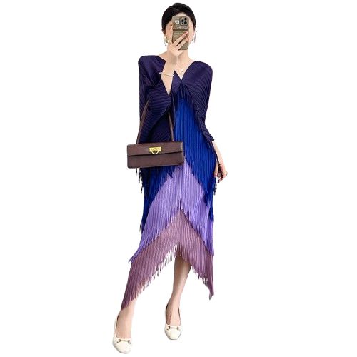 product_image_name-Generic-V-Neck Pleated Tassel Gradient Fashion Dress - Multicolour-1