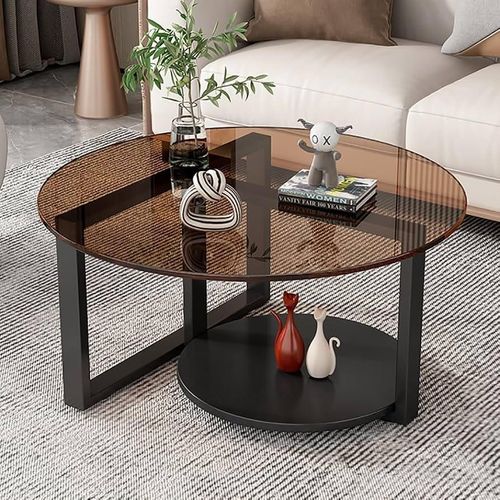 Generic 60cm Modern Round Tempered Glass Top Coffee Center Table- Brown/Black