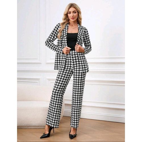 product_image_name-Generic-Women’s Elegant Plaid 2-Piece Suit Set – Long Sleeve Lapel Blazer & Trousers (Black & White)-1