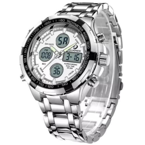 product_image_name-Quamer-165 Quartz Sport Muti-Functional Wristwatch with Analog&Digital Time Display - Silver White-1