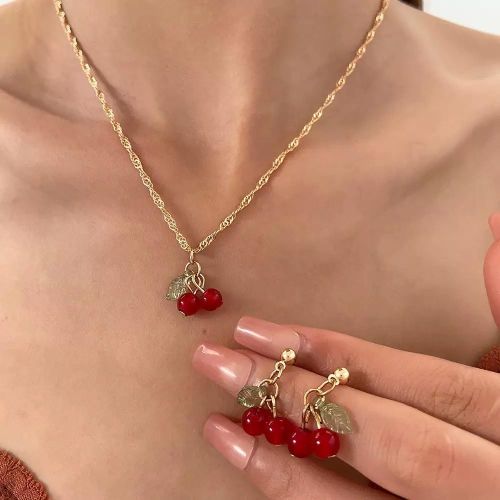 product_image_name-Fashion-Women's Jewelry Set Red Cherry Necklace and Earrings Two-Piece Set Exquisite Accessories-1