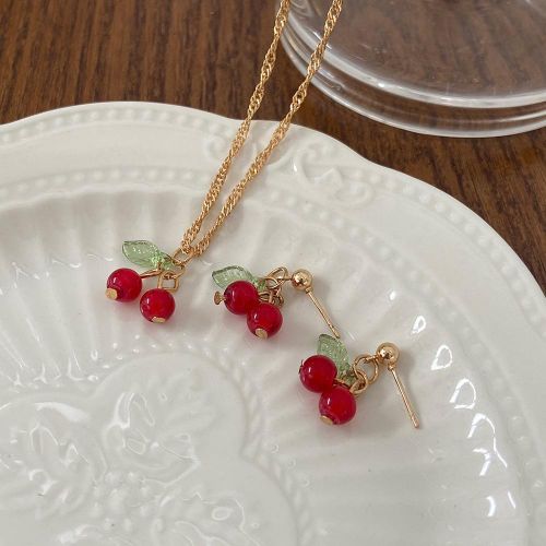 product_image_name-Fashion-Women's Jewelry Set Red Cherry Necklace and Earrings Two-Piece Set Exquisite Accessories-4