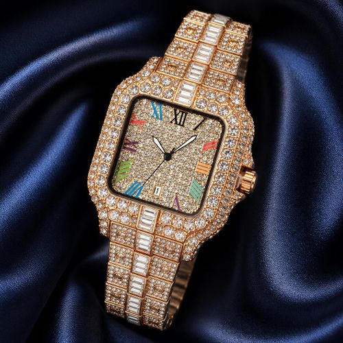 Generic Royal Rainbow Empire Iced Out Square Watch - Premium Gold Edition