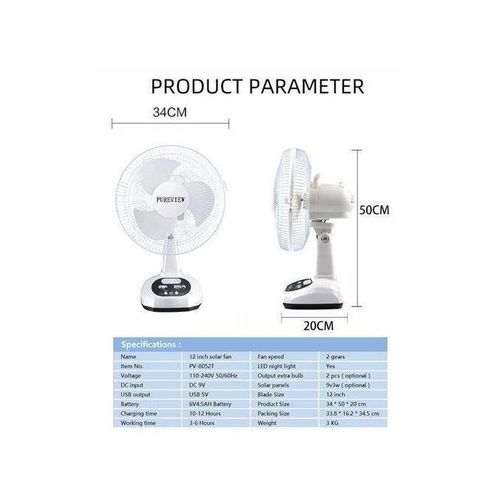 Generic Quality Rechargeable Solar Table Fan With Light Bulbs - 12 Inches Blades - image 4