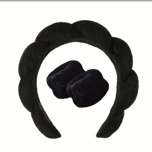 Generic Luxury Soft Padded Headband & Wristband Set – Makeup, Skincare & Spa Accessory (Black)