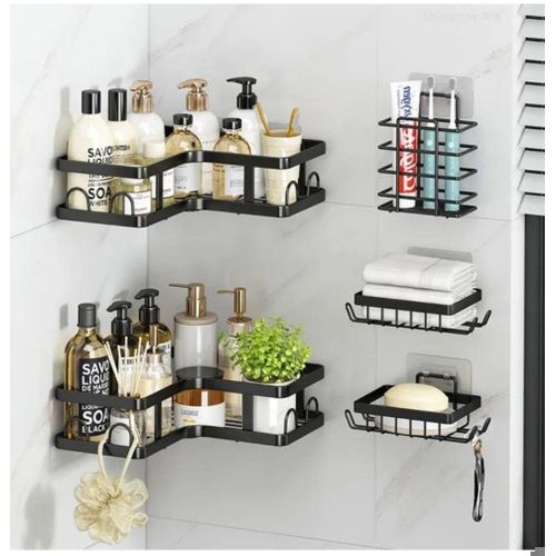 White Label 5 Set Adhesive Shower Caddy - Black - image 2
