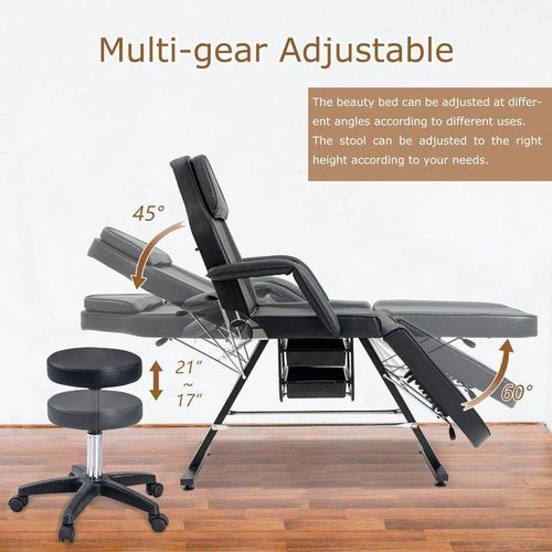 Generic 3-Section Adjustable Backrest Tattoo Bed with Hydraulic Stool 2 Trays, Multi-Purpose Esthetician Bed