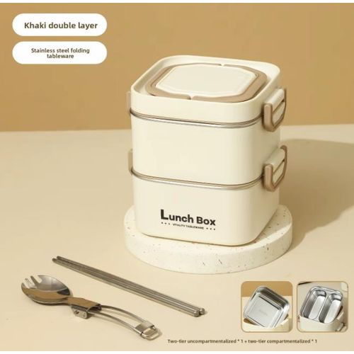 Generic 2-Layer Portable Microwaveable Lunch Box Set with Cutlery & Carry Bag - Beige