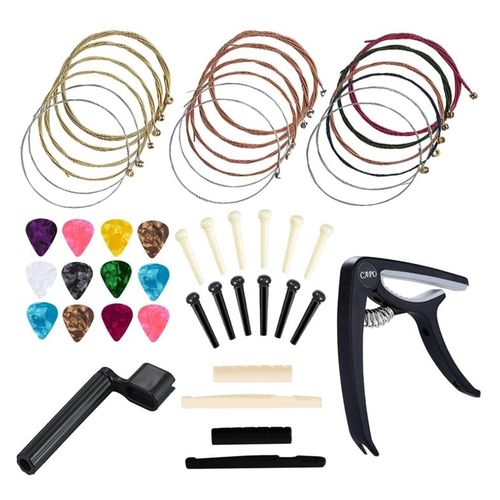 Generic Acoustic Guitar Accessories Kit Guitar Strings Replacement Changing Tool Including Guitar Acoustic Strings, Picks, Capo, String Winder, Bridge Pins, Picks for Guitar Players Beginners (48 Pcs)